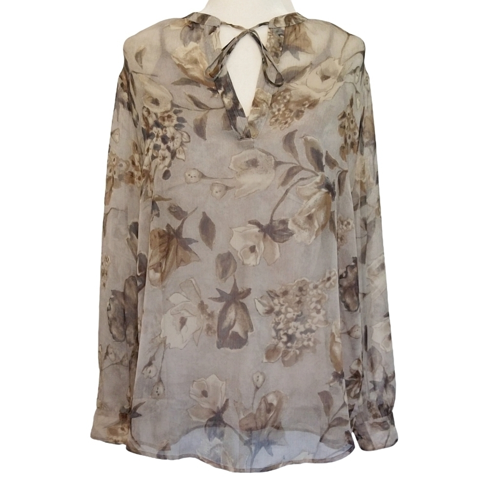 Lauren Ralph Lauren Sheer Brown Floral Watercolor Tie Neck Blouse Built-in Cami